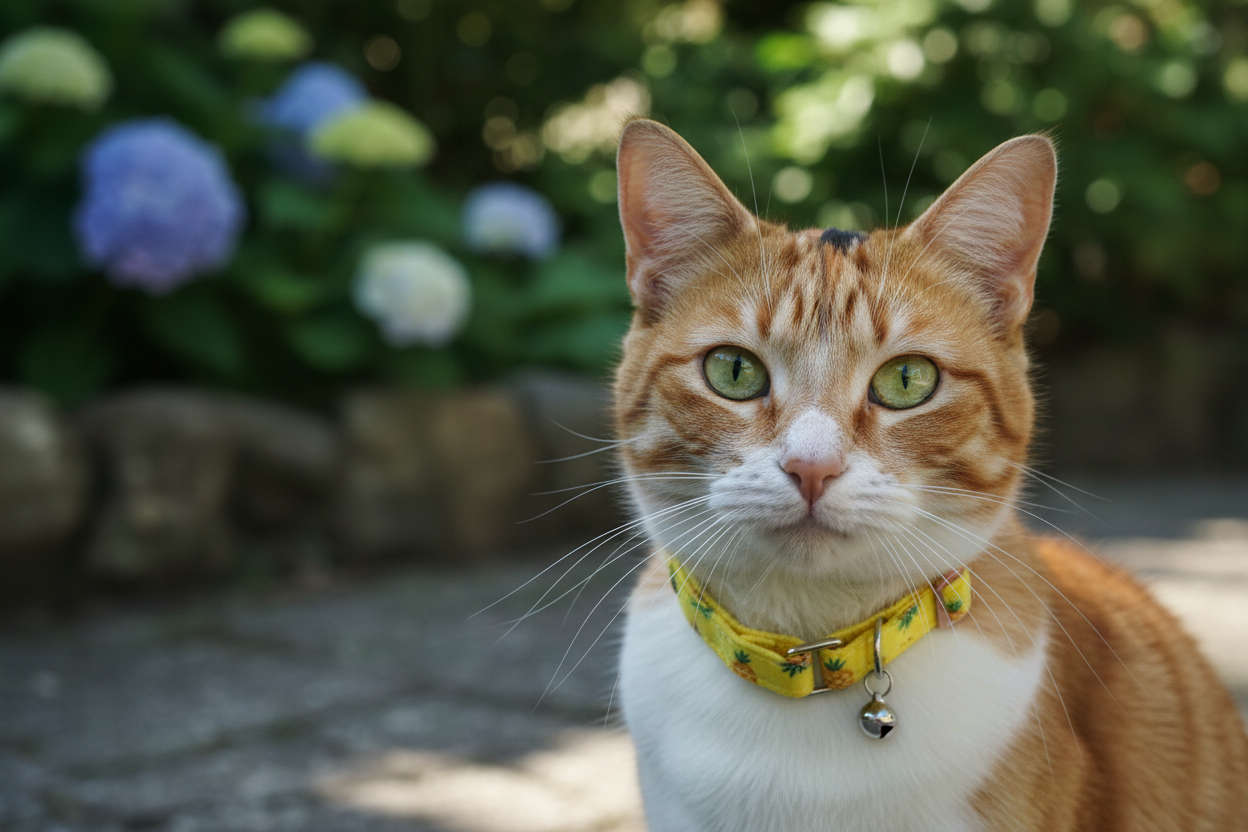 cat with a breakaway collar on with little pinapples on it that are yellow on a bright yellow background of the collar make the cat outside make the cat on the right side looking towards the screen and make it hyper realistic